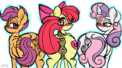Size: 3648x2048 | Tagged: explicit, artist:johrnyreport, apple bloom, scootaloo, sweetie belle, anatomically correct, anus, bloom butt, booty mark crusaders, bow, butt, crotchboobs, cum, cumming, cutie mark crusaders, dock, earth pony, female, filly, foal, foalcon, g4, hair bow, high res, imported from derpibooru, line-up, looking at you, looking back, nipples, nudity, pegasus, plot, plotline, pony, scootabutt, simple background, sweetie butt, tail, teats, trio, trio female, unicorn, vaginal secretions, vulva