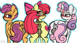 Size: 3648x2048 | Tagged: explicit, artist:johrnyreport, apple bloom, scootaloo, sweetie belle, anal only, anatomically correct, anus, band-aid, bloom butt, bow, butt, crotch tape, crotchboobs, cutie mark crusaders, dock, earth pony, female, filly, foal, foalcon, g4, hair bow, high res, imported from derpibooru, looking at you, looking back, nipples, nudity, pegasus, plot, pony, scootabutt, simple background, sweetie butt, tail, teats, trio, trio female, unicorn, vaginal secretions, vulva, white background