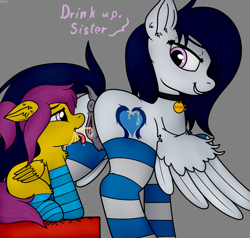 Size: 4200x4000 | Tagged: explicit, artist:sassysvczka, oc, oc:sassysvczka, oc:windy forrest, anatomically correct, anus, ashamed, blushing, butt, butt fluff, chair, chest fluff, clitoris, clothes, collar, crotchboobs, dark genitals, dock, drinking, dripping, duo, duo female, ear fluff, evil, evil smile, female, fetish, filly, floppy ears, foal, foalcon, folded wings, genitals, grin, gritted teeth, imported from derpibooru, incest, looking at each other, looking at someone, looking back, mare, nipples, nudity, oc only, open mouth, open smile, part of a set, pegasus, pegasus oc, pet tag, piss drinking, plot, pony, ponytail, pouf, raised hoof, siblings, sisters, sitting, smiling, socks, spread wings, standing, striped socks, tail, teats, teeth, text, tongue out, training, urine, vaginal secretions, vulva, vulvar winking, watersports, wing fluff, wings, wings down