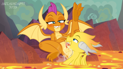 Size: 8000x4500 | Tagged: explicit, artist:metalhead97, oc, oc:scribe scales, anus, bedroom eyes, blushing, canon x oc, clitoral hood, clitoral stimulation, clitoris, commission, cute, dragon, dragon lands, dragoness, duo, female, females only, foalcon, g4, imported from derpibooru, lava, lidded eyes, lip bite, looking at each other, looking at someone, nudity, open mouth, oral, orgasm, raised leg, sex, show accurate, show accurate porn, smolder, smolderbetes, spread legs, spread wings, spreading, steam, tongue out, vaginal secretions, wings