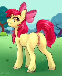 Size: 815x1000 | Tagged: explicit, artist:tgt1512, apple bloom, anatomically correct, anus, blank flank, bloom butt, butt, clitoris, dock, earth pony, female, filly, foal, foalcon, g4, grin, imported from derpibooru, looking at you, looking back, looking back at you, nudity, outdoors, plot, pony, smiling, solo, solo female, tail, tree, unshorn fetlocks, vulva, vulvar winking