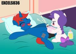 Size: 935x661 | Tagged: explicit, artist:excelso36, oc, oc:snowie aura, oc:train track, bed, blushing, bow, cum, cumming, female, filly, filly on stallion, foal, foalcon, hoofjob, imported from derpibooru, lotion, male, masturbation, pony, stallion, tail, tail bow, unicorn