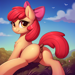 Size: 2500x2500 | Tagged: explicit, apple bloom, ai composition, ai content, anus, butt, chest fluff, clitoris, cloud, dock, earth pony, female, filly, foal, foalcon, g4, generator:stable diffusion, high res, imported from derpibooru, leg fluff, looking at you, looking back, looking back at you, nudity, outdoors, plot, pony, smiling, tail, vaginal secretions, vulva