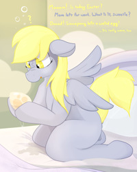 Size: 1725x2160 | Tagged: explicit, artist:not_texmex, anatomically correct, anus, bed, bed mane, bedroom, blank flank, blanket, casual nudity, confused, cute, cute porn, derpibooru exclusive, derpy hooves, dialogue, dock, egg, egg laying, female, filly, filly derpy hooves, foal, foalcon, g4, implied oviposition, imported from derpibooru, kneeling, looking at something, nudity, oblivious, offscreen character, oviposition, pegasus, pegasus egg, pillow, ponut, pony, question mark, spread wings, story included, tail, tail trail, vaginal secretion stain, vaginal secretions, vaginal secretions puddle, vaginal secretions trail, vulva, wholesome porn, wings, younger