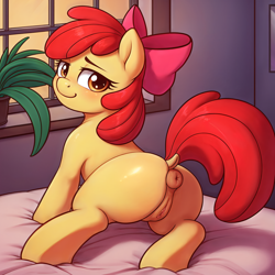 Size: 2500x2500 | Tagged: explicit, apple bloom, ai composition, ai content, alternate version, anus, bed, bedroom, bloom butt, blushing, butt, dock, earth pony, female, filly, flower pot, foal, foalcon, g4, generator:stable diffusion, high res, imported from derpibooru, indoors, looking at you, nudity, plant, plot, pony, smiling, solo, solo female, tail, vulva, window