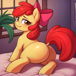 Size: 2500x2500 | Tagged: suggestive, apple bloom, ai composition, ai content, bed, bedroom, bloom butt, blushing, butt, dock, earth pony, female, filly, flower pot, foal, foalcon, g4, generator:stable diffusion, high res, imported from derpibooru, indoors, looking at you, plant, plot, pony, smiling, solo, tail, window