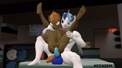 Size: 1920x1080 | Tagged: explicit, artist:nicksfm, button mash, shining armor, 3d, age difference, anal, anthro, assisted autofellatio, autofellatio, balls, big balls, big dom small sub, blowjob, blue balls, blue eyes, blue hair, blue mane, bowling, bowling alley, bowling ball, brown balls, brown skin, chair position, clenched fist, colt, dominant, duo, earth pony, exit sign, femboy, foal, foalcon, g4, gay, holding, holding leg, holding legs, horsecock, imported from derpibooru, light skin, looking at penis, looking at someone, male, male focus, maledom, males only, malesub, masturbation, nudity, oral, orange eyes, orange hair, orange mane, orange tail, penetration, penis, pony, sex, ship:shiningmash, small sub, solo focus, source filmmaker, stallion, stallion on colt, submissive, tail, unicorn
