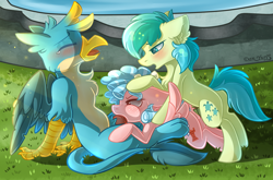 Size: 2517x1664 | Tagged: explicit, artist:yuris, age difference, anal, background pony, blowjob, blushing, canine penis, commission, cozy glow, dubious consent, ears back, ears up, earth pony, eyes closed, female, filly, foal, foalcon, fountain, g4, gallus, grass, griffon, imported from derpibooru, interspecies, male, male focus, nudity, open mouth, oral, paws, pegasus, penetration, penis, pony, sandbar, school of friendship, sex, ship:gallbar, shipping, sitting, spitroast, spread wings, stallion, stallion on filly, straight, threesome, trio, wings