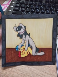 Size: 961x1280 | Tagged: explicit, artist:fyusi, oc, oc:fyusi, oc:keja knifehorn, age difference, anal, butt touch, colt, cyrillic, dildo, dildo blowjob, doggy style, duo, female to male, foal, foalcon, from behind, gay, humiliation, imported from derpibooru, insertion, irl, male, nudity, oral insertion, pegasus, penetration, penis, photo, pony, rule 63, russian, sex, sex toy, stallion, stallion on colt, traditional art