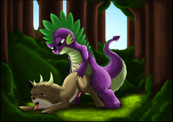 Size: 4961x3508 | Tagged: explicit, artist:exelzior, spike, anal, ass up, bramble, deer, doggy style, dragon, duo, duo male, face down ass up, fawn, foalcon, forest, friendship is magic #27, from behind, g4, gay, idw, imported from derpibooru, male, my little pony: friendship is magic (idw), nudity, penetration, penis, sex, spramble, tongue out, wingless spike