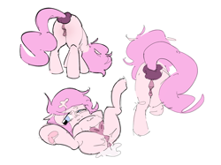 Size: 1663x1247 | Tagged: explicit, artist:php197, oc, oc:kayla, aftersex, anatomically correct, crotchboobs, cum, cum on hair, dripping, dripping cum, earth pony, female, filly, foal, foalcon, from behind, hoof heart, imported from derpibooru, nipples, nudity, oc only, pony, scrunchie, simple background, solo, solo female, teats, underhoof, vulva, white background