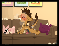 Size: 2000x1579 | Tagged: explicit, artist:sherathoz, oc, oc:frito, alternate version, commission, couch, doggy style, fallout equestria, fetish, foalcon, from behind, imported from derpibooru, living room, male, multidick, nightstalker pony, nudity, oc only, orgasm, penetrable sex toy, penis, plushie, plushophilia, sex toy, solo, solo male, young