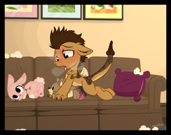 Size: 2000x1579 | Tagged: explicit, artist:sherathoz, oc, oc:frito, alternate version, commission, couch, doggy style, fallout equestria, fetish, foalcon, from behind, imported from derpibooru, living room, male, multidick, nightstalker pony, nudity, oc only, penetrable sex toy, penis, plushie, plushophilia, sex toy, solo, solo male, young