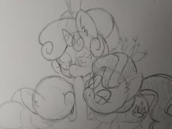 Size: 2048x1536 | Tagged: explicit, artist:fullmetalsketch, diamond tiara, sweetie belle, bedroom eyes, blowjob, earth pony, female, foalcon, g4, generic pony, imported from derpibooru, male, monochrome, multiple blowjob, nudity, oral, penis, pony, sex, sketch, traditional art, unicorn