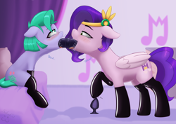 Size: 4960x3508 | Tagged: explicit, artist:salemcat, anal insertion, blowjob, buttplug, clothes, deepthroat, dildo, dildo blowjob, double dildo deepthroat, double insertion, doubleheaded dildo, earth pony, female, filly, foal, foalcon, g5, imported from derpibooru, insertion, jewelry, latex, latex socks, mare, multiple insertion, nudity, oral, oral insertion, pegasus, penis, pipp petals, pony, seashell (g5), sex, sex toy, simple background, sitting, socks, tiara