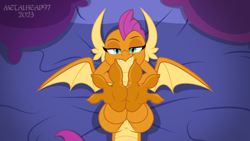 Size: 1280x720 | Tagged: explicit, artist:metalhead97, alternate version, anus, arm behind head, ass, bed, bedroom, bedroom eyes, bedsheets, butt, cute, dragon, dragoness, feet, feet up, female, fetish, foalcon, foot fetish, foot focus, g4, imported from derpibooru, legs, legs in air, lidded eyes, looking at you, nudity, smiling, smiling at you, smirk, smolder, smolderbetes, smolderriere, solo, solo female, spread wings, sultry pose, tail, vulva, wings