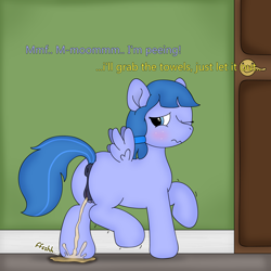 Size: 4167x4167 | Tagged: explicit, artist:milzyywilzyy, oc, oc:granger fenny, accident, accidental wetting, anus, braid, butt, desperation, dialogue, door, doorknob, emanata, embarrassed, female, fetish, filly, foal, foalcon, imported from derpibooru, lifting leg, looking back, need to pee, nudity, omorashi, peeing on the floor, pegasus, pegasus oc, pissing, plot, ponut, pony, potty emergency, potty failure, potty time, shaking, text, urine, vagina, watersports, wetting