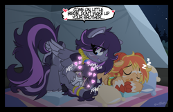 Size: 2000x1296 | Tagged: explicit, artist:sherathoz, oc, oc:astranea, oc:evanti, oc:imiya, age difference, balls, brother, butt, camping, commission, dialogue, dracony, dragon, female, filly, foal, foalcon, futa, futa oc, futa on female, futa on filly, griffling, heart, herm, herm on female, hybrid, imported from derpibooru, incest, intersex, male, mother and child, mother and daughter, night, nudity, oc only, oc x oc, onomatopoeia, original species, outdoor sex, outdoors, passepartout, penetration, plot, pony, sex, shipping, sleeping, sound effects, stealth sex, tent, trio, vaginal, zzz