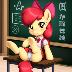 Size: 2500x2500 | Tagged: questionable, apple bloom, adorabloom, ai composition, ai content, blushing, butt, cameltoe, chalkboard, classroom, clothes, cute, desk, earth pony, female, filly, foal, foalcon, frog (hoof), g4, generator:stable diffusion, high res, imported from derpibooru, looking at you, panties, plot, pony, randoseru, school desk, school uniform, sitting, skirt, smiling, solo, solo female, underhoof, underwear, upskirt, white panties