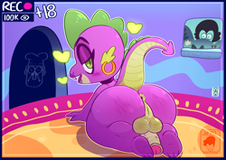 Size: 4960x3508 | Tagged: explicit, artist:afrochan332, spike, 180 penis, alternate version, anus, balls, bedroom eyes, big balls, butt, choker, dragon, dragonbutt, ear piercing, earring, eyeshadow, femboy, femboy spike, foalcon, g4, girly, heart, human penis, imported from derpibooru, jewelry, lidded eyes, lipstick, livestream, looking at you, looking back, looking back at you, makeup, male, nudity, penis, piercing, presenting anus, raised tail, solo, solo male, spikebutt, tail