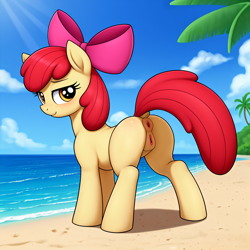 Size: 2500x2500 | Tagged: explicit, apple bloom, ai composition, ai content, anus, aside glance, beach, blank flank, bloom butt, blushing, butt, clitoris, dock, earth pony, female, filly, foal, foalcon, g4, generator:stable diffusion, high res, imported from derpibooru, lens flare, looking at you, nudity, palm tree, plot, pony, sand, smiling, solo, solo female, tail, tree, vulva
