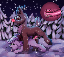 Size: 1554x1400 | Tagged: explicit, artist:cornelia_nelson, sweetie belle, oc, alternate version, blank flank, canon x oc, cervical penetration, cervix, chest fluff, creampie, cum, cum version, cumming, deer, deer pony, duo, female, filly, foal, foalcon, forest, g4, imported from derpibooru, male, original species, penetration, pony, red nose, sex, snow, snowfall, source needed, straight, this will end in pregnancy, tongue out, unicorn, useless source url, vaginal, vaginal creampie, x-ray