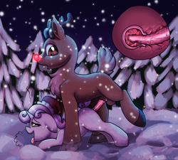 Size: 1554x1400 | Tagged: explicit, artist:cornelia_nelson, sweetie belle, oc, blank flank, canon x oc, cervical penetration, cervix, chest fluff, deer, deer pony, duo, female, filly, foal, foalcon, forest, g4, imported from derpibooru, male, original species, penetration, pony, red nose, sex, snow, snowfall, source needed, straight, tongue out, unicorn, useless source url, uterus, vaginal, x-ray