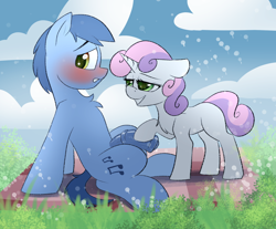 Size: 2064x1711 | Tagged: explicit, artist:cornelia_nelson, sweetie belle, bedroom eyes, blank flank, duo, earth pony, erection, female, femdom, filly, filly on stallion, foal, foalcon, foaldom, g4, imported from derpibooru, male, noteworthy, nudity, penis, pony, precum, source needed, stallion, unicorn, useless source url