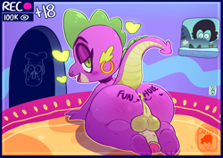 Size: 4960x3508 | Tagged: explicit, artist:afrochan332, spike, 180 penis, anus, balls, bedroom eyes, big balls, body writing, butt, choker, dragon, dragonbutt, ear piercing, earring, eyeshadow, femboy, femboy spike, foalcon, g4, girly, heart, human penis, imported from derpibooru, jewelry, lidded eyes, lipstick, livestream, looking at you, looking back, looking back at you, makeup, male, nudity, penis, piercing, presenting anus, raised tail, solo, solo male, spikebutt, tail