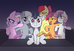 Size: 1899x1320 | Tagged: explicit, artist:cornelia_nelson, apple bloom, diamond tiara, scootaloo, silver spoon, sweetie belle, alternate version, balls, biting, cutie mark crusaders, ear bite, earth pony, foal, foalcon, futa, futa apple bloom, futa cutie mark crusaders, futa diamond tiara, futa filly, futa on male, futa scootaloo, futa silver spoon, futa sweetie belle, g4, horsecock, implied orgy, imported from derpibooru, intersex, male, meme, nudity, pegasus, penis, piper perri surrounded, pony, rumble, smiling, sofa bed, source needed, unicorn, useless source url