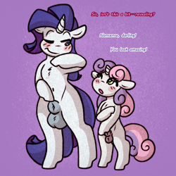 Size: 2000x2000 | Tagged: explicit, artist:faerienougat, rarity, sweetie belle, balls, bipedal, blushing, colt, duo, elusive, femboy, foal, foalcon, g4, high res, imported from derpibooru, incest, intersex, looking at each other, looking at someone, male, nudity, one eye closed, pony, rule 63, sheath, siblings, silver bell, stallion, unicorn, wink