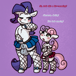 Size: 2000x2000 | Tagged: explicit, artist:faerienougat, rarity, sweetie belle, balls, bipedal, blushing, brothers, clothes, colt, crossdressing, duo, elusive, femboy, fishnet stockings, foal, foalcon, g4, high res, imported from derpibooru, incest, legwear, looking at each other, looking at someone, male, miniskirt, nudity, one eye closed, pony, rule 63, sheath, siblings, silver bell, skirt, stallion, unicorn, wink