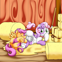 Size: 3000x3000 | Tagged: questionable, artist:pvryohei, scootaloo, sweetie belle, age regression, barn, bell, bell collar, breastfeeding, butt, calf, clopfic in description, collar, commission, cow, cow pony, cowbell, cowbelle, cowified, dock, duo, duo female, featureless crotch, female, filly, foal, foalcon, frog (hoof), g4, hay, hay bale, high res, imported from derpibooru, inflation, milk, milk inflation, nursing, part of a set, pegasus, pitchfork, plot, pony, scootamoo, species swap, story included, suckling, tail, transformation, udder, underhoof, unicorn, unicow, younger