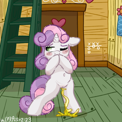 Size: 2000x2000 | Tagged: explicit, artist:faerienougat, sweetie belle, belly button, clubhouse, covering mouth, crusaders clubhouse, female, fetish, filly, floppy ears, foal, foalcon, g4, high res, imported from derpibooru, nudity, peeing from crotch, peeing on the floor, pissing, pony, presenting, shy, solo, solo female, spread legs, spreading, standing up, treehouse, unicorn, urine, vagina, vulva, watersports