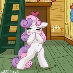 Size: 2000x2000 | Tagged: explicit, artist:faerienougat, sweetie belle, belly button, clubhouse, covering mouth, crusaders clubhouse, female, filly, floppy ears, foal, foalcon, g4, high res, imported from derpibooru, pony, presenting, shy, solo, solo female, spread legs, spreading, standing up, treehouse, unicorn