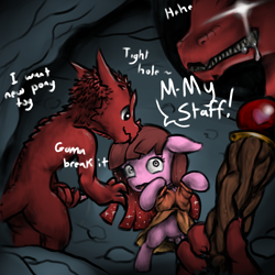 Size: 2048x2048 | Tagged: explicit, artist:multiverseequine, oc, oc:cherry bottom, ass, bipedal, butt, cave, clothes, colored, colored background, colt, derpibooru exclusive, dialogue, drool, earth pony, earth pony oc, femboy, foal, foalcon, glowing, glowing eyes, gradient mane, high res, holding penis, imminent rape, imminent sex, imported from derpibooru, kobold, male, nudity, oc only, penis, pony, robe, scared, sharp teeth, staff, starry mane, teeth, trio