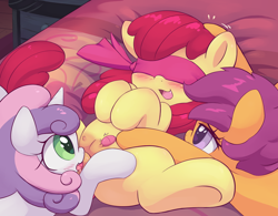 Size: 1784x1394 | Tagged: explicit, apple bloom, scootaloo, sweetie belle, anatomically correct, anonymous artist, bed, blindfold, blushing, clitoral stimulation, clitoris, cmc threesome, crotchboobs, cunnilingus, cute, cute porn, cutie mark crusaders, earth pony, female, filly, foal, foalcon, g4, group sex, head pat, imported from derpibooru, lesbian, nipples, nudity, oral, pat, pegasus, pony, sex, sex toy, ship:sweetiebloomaloo, spread legs, spreading, teats, threesome, trio, trio female, unicorn, vibrator, vulva, vulvar winking