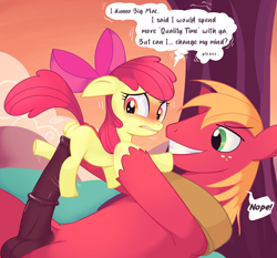 Size: 1500x1395 | Tagged: explicit, artist:radfeather, apple bloom, age difference, applecest, balls, big macintosh, big penis, blank flank, blushing, bow, brother and sister, butt, dialogue, earth pony, erection, eyelashes, female, filly, foal, foalcon, freckles, g4, grin, hair bow, holiday, horsecock, imminent penetration, imminent rape, imminent sex, imported from derpibooru, incest, male, nudity, outdoors, penis, plot, pony, ship:macbloom, shipping, siblings, size difference, smiling, stallion, stallion on filly, straight, valentine's day, wip, worried, yoke