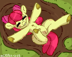 Size: 1918x1516 | Tagged: explicit, artist:walpurgie, apple bloom, butt, earth pony, female, filly, foal, foalcon, g4, imported from derpibooru, mud, nudity, playing, plot, pony, rolling, vulva
