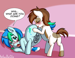 Size: 2596x2029 | Tagged: explicit, artist:anibaruthecat, oc, oc:cyan lightning, analingus, analingus on male, anus, ass up, balls, bipedal, bipedal leaning, blank flank, blushing, butt, clothes, colt, colt on colt, cute, dialogue, drool, dubious consent, earth pony, eyes closed, face down ass up, foal, foalcon, g4, gay, high res, hooves, horn, horsecock, imported from derpibooru, leaning, licking, looking back, male, male on male analingus, medial ring, nudity, oral, penis, pipsqueak, plot, pony, pony oc, pony on pony action, precum, precum string, quadrupedal, reverse foalcon, scarf, sex, short tail, small balls, speech bubble, tail, tail aside, text, tongue out, unicorn, unicorn oc