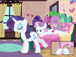 Size: 800x600 | Tagged: explicit, artist:suephy, rarity, spike, sweetie belle, anus, baby, baby dragon, baby dragon on filly, bed, bedroom, belle sisters, bisexual, butt, close-up, creampie, cum, cunnilingus, cute, cute porn, dragon, dragon on filly, dragon on filly action, dragon on pony action, drool, eyes closed, female, ffm threesome, filly, foal, foalcon, from behind, g4, group sex, imported from derpibooru, incest, interspecies, lesbian, licking, looking pleasured, lying down, male, mare, nudity, on bed, one after another, oral, penetration, pleasure, plot, ponut, pony, prone, raised tail, raricest, sex, ship:raribelle, ship:sparibelle, ship:spikebelle, shipping, show accurate, show accurate porn, siblings, sisters, straight, tail, threesome, tongue out, trio, unicorn, vaginal, vaginal creampie, vulva, wingless spike