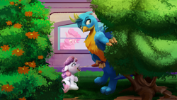Size: 3840x2160 | Tagged: explicit, artist:autophil, pinkie pie, sweetie belle, 4k, bush, duo focus, earth pony, female, fetish, filly, foal, foalcon, g4, gallus, griffon, high res, imported from derpibooru, male, nudity, penis, piss drinking, pissing, pony, ship:gallbelle, shipping, straight, thrill of almost being caught, trio, unicorn, urine, watersports, window