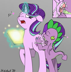 Size: 1068x1075 | Tagged: explicit, artist:strebiskunk, spike, starlight glimmer, age difference, alternate version, anal creampie, analingus, analingus on female, anus, book, butt, close-up, creampie, cum, dock, dragon, duo, eyes closed, felching, female, fingering, foalcon, g4, glowing, glowing horn, gray background, heart, horn, imported from derpibooru, interspecies, licking, licking cum, looking back, looking pleasured, magic, male, male on female analingus, mare, nudity, one eye closed, open mouth, oral, penetration, plot, pony, sex, ship:sparlight, shipping, simple background, size difference, straight, tail, tongue out, unicorn, vagina, vulva, winged spike, wings