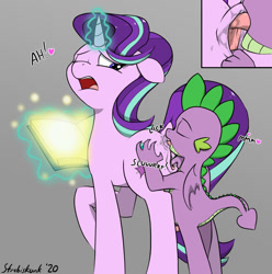 Size: 1068x1075 | Tagged: explicit, artist:strebiskunk, spike, starlight glimmer, age difference, alternate version, analingus, analingus on female, anus, book, butt, close-up, dock, dragon, drool, duo, eyes closed, female, fingering, foalcon, g4, glowing, glowing horn, gray background, heart, horn, imported from derpibooru, interspecies, licking, looking back, looking pleasured, magic, male, male on female analingus, mare, nudity, one eye closed, open mouth, oral, penetration, plot, pony, sex, ship:sparlight, shipping, simple background, size difference, straight, tail, tongue out, unicorn, vagina, vulva, winged spike, wings