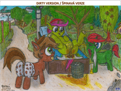Size: 2012x1510 | Tagged: explicit, grotesque, artist:vovi, oc, oc:plum virgin sentry, oc:void virgin sparkles, anus, brother and sister, butt, colt, crotchboobs, diaper, diaper change, diaper fetish, dirty anus, dock, earth pony, female, fetish, filly, foal, foalcon, golden shower, happy, horse apples, imported from derpibooru, male, messy diaper, nipples, non-baby in diaper, nudity, oc only, penis, pissing, plot, ponut, pony, poop, poopy diaper, raised tail, scat, siblings, summer, tail, traditional art, unicorn, urine, watersports