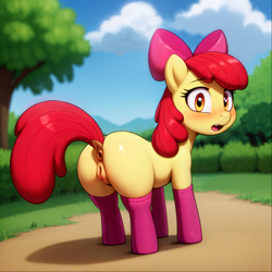 Size: 2112x2112 | Tagged: explicit, apple bloom, ai composition, ai content, anatomically correct, anus, blushing, bush, butt, clothes, cloud, dock, earth pony, female, filly, foal, foalcon, g4, generator:stable diffusion, high res, imported from derpibooru, looking at you, nudity, open mouth, outdoors, pink socks, plot, pony, socks, solo, solo female, tail, tree, vulva