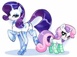Size: 4000x3000 | Tagged: explicit, artist:poole, rarity, sweetie belle, alternate version, anal insertion, anus, belle sisters, blank flank, butt, buttplug, clothes, duo, female, foal, foalcon, g4, high heels, human vulva on pony, imported from derpibooru, insertion, legwear, nudity, plot, pony, rearity, sex toy, shoes, simple background, socks, stockings, striped socks, sweetie butt, thigh highs, unicorn, vulva, white background