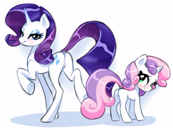 Size: 4000x3000 | Tagged: explicit, artist:poole, rarity, sweetie belle, belle sisters, blank flank, blushing, butt, dock, duo, female, foal, foalcon, g4, human vulva on pony, imported from derpibooru, nudity, plot, pony, rearity, sweetie butt, tail, unicorn, vulva