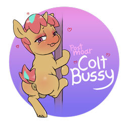Size: 2048x2048 | Tagged: explicit, artist:multiverseequine, oc, oc:melon pouf, anus, balls, bedroom eyes, blushing, butt, butt shake, chubby, colored, colt, derpibooru exclusive, foal, foalcon, gradient background, heart, high res, horn, imported from derpibooru, looking at you, male, multicolored hair, nudity, oc only, plot, pole dancing, ponut, pony, raised tail, reasonably sized genitals, solo, solo male, stripper pole, tail, text, tongue out, unicorn, unicorn oc, wiggle