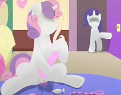 Size: 1380x1080 | Tagged: explicit, artist:reinbou, rarity, sweetie belle, anal beads, bed, bedroom, buttplug, caught, dildo, dildo sitting, duo, duo female, female, foalcon, g4, imported from derpibooru, insertion, masturbation, no eyes, nudity, pony, sex toy, siblings, sisters, unicorn, vaginal insertion, vaginal secretions, vulva